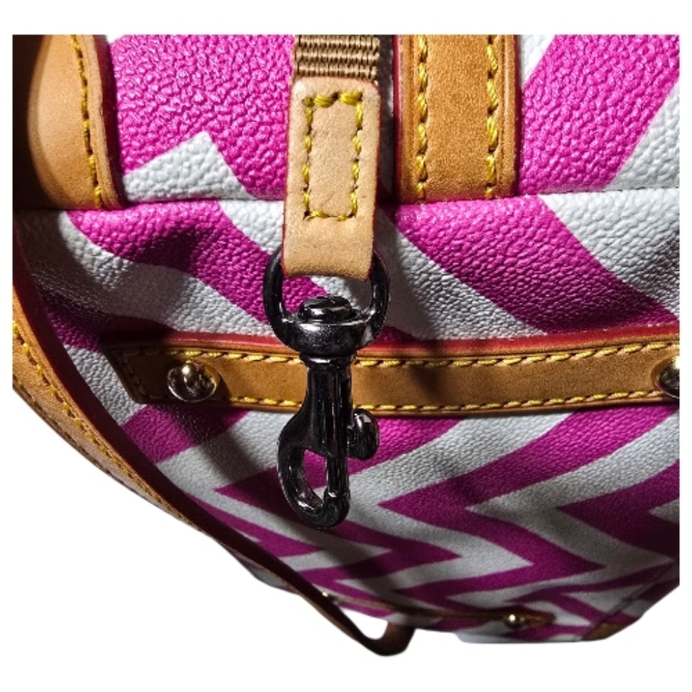 Dooney And Bourke Pink And White Chevron Satchel With Leather Trim - Picture 9 of 16